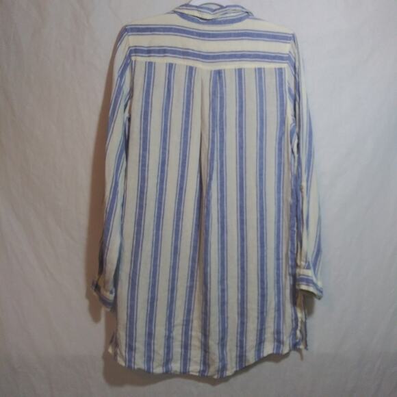 Antibes Blanc Linen  Blue White Stripe Collared Button Down Tunic Shirt Size M - Picture 9 of 9